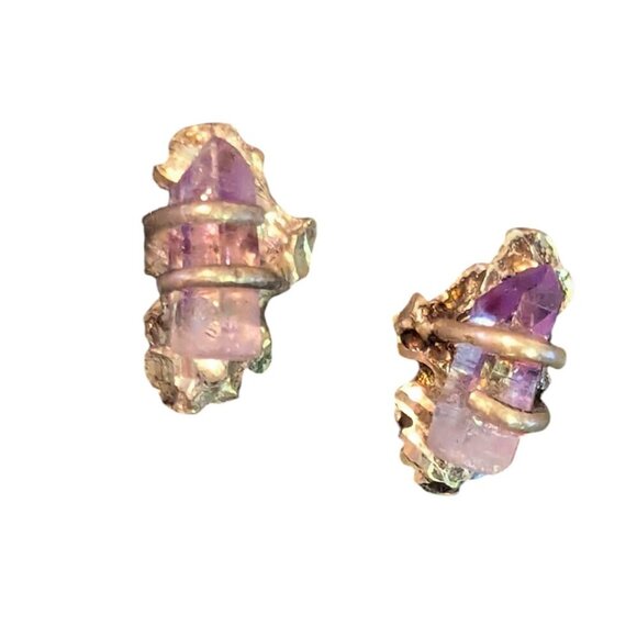 Fairycore Amethyst Sterling Silver Earrings Crystal Raw Cut Stud Boho Handmade - Picture 2 of 10